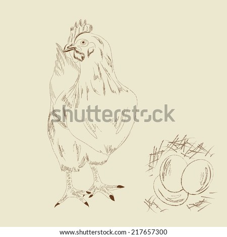 hen egg, organic food products cock animal bird sketch hand-drawing retro Granger