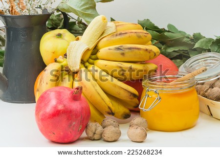 pomegranate fruit banana nuts pumpkin quince honey