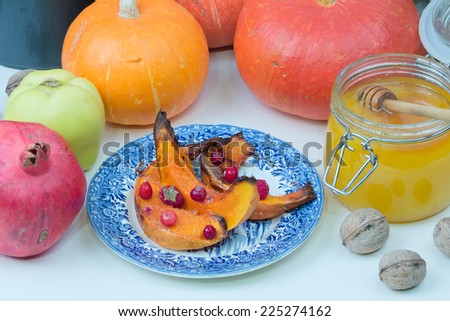 slices baked pumpkin dessert autumn berries honey health