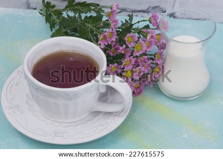 mug of tea milk flowers spring morning tenderness