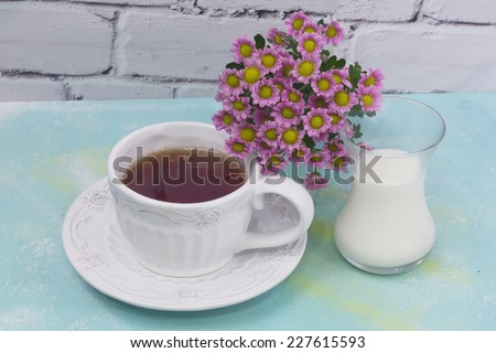 mug of tea milk flowers spring morning tenderness