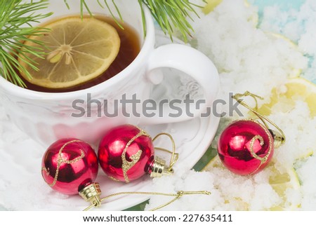 lemon tea fir tree winter snow Christmas ball warm mug lime citrus vitamin C