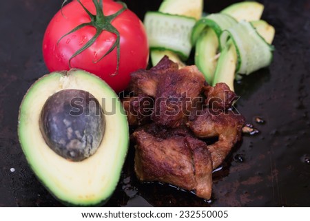 grilled roasted meat avocado cucumber tomato homemade food soft selective focus