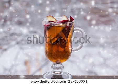 Hot punch apple cider cinnamon drink berries winter snow christmas selective soft focus toned photo