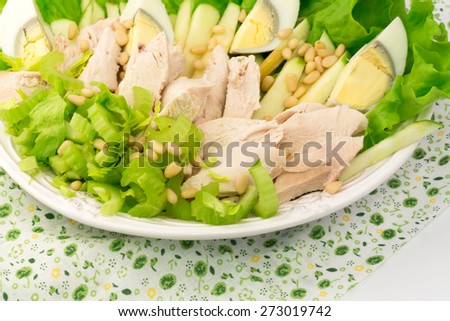 Diet lettuce egg boiled chicken pine nuts apple white background vitamins breakfast lunch dinner home cooking health organic eco low weight