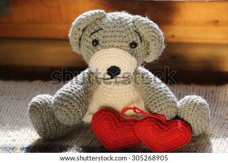 knitted toy bear hand made a couple hearts retro vintage