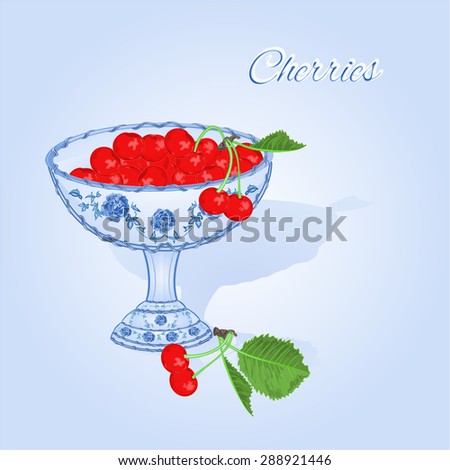 Cherries in a blue cup fruits and leaves healthy eating vector illustration