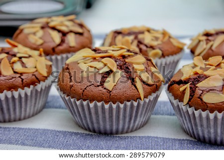 House wife presenting freshly baked chocolate muffins