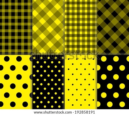 Set of Jumbo and Small Polka Dots and Diagonal Stripes Patterns in yellow and black color. Seamless Pattern Swatches made with Global Colors. Vector art background illustration