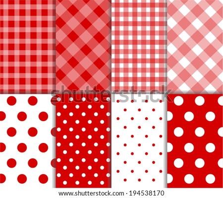 Set of seamless jumbo and small polka dots, checkered textile with large and small lines, and diagonal stripes in dark red, light red and white color. Vector art image illustration background