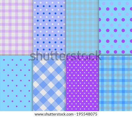 Set of seamless jumbo and small polka dots, checkered textile with large and small lines, and diagonal stripes in purple, gray, light blue and white color. Vector art image illustration background