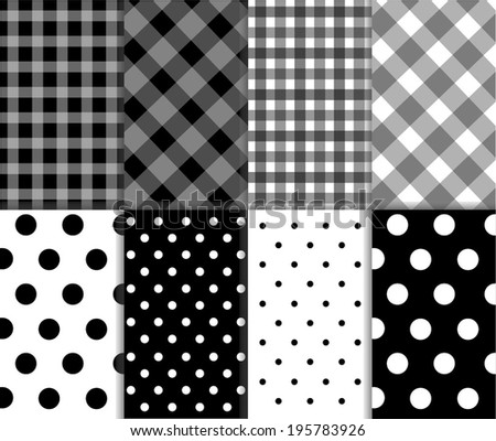 Set of seamless jumbo and small polka dots, checkered textile with large and small lines, and diagonal stripes in black, white and gray color. Abstract vector art image illustration background