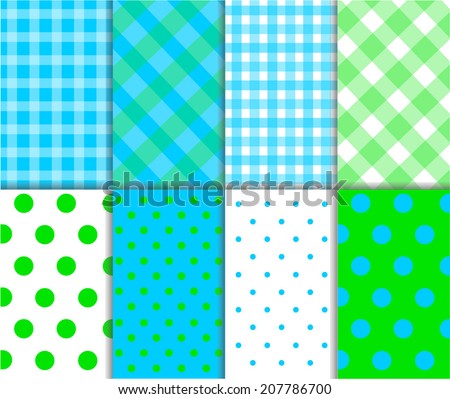 Set of seamless abstract jumbo and small polka dot pattern, checkered textile with lines, and diagonal stripes in grass green, light aqua blue and white color. Vector art image illustration background