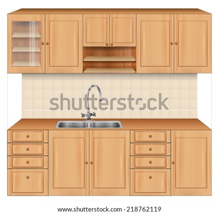 Luxury kitchen room interior with bright wooden texture cabinets and drawers with sink and faucet. beige tiles on wall. Realistic design. vector art image illustration, isolated on white background