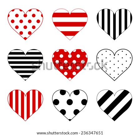 Set of hearts with big and small polka dot pattern, lined texture with large and small lines and diagonal stripes in black and red color. Vector art image illustration, isolated on white background