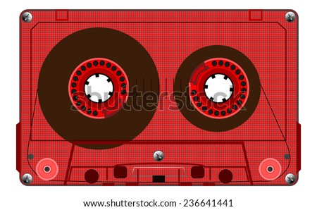 Vintage transparent compact audio cassette. Red music cassette tape, old technology, realistic retro design. vector art image illustration, isolated on white background, eps10