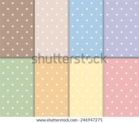 Set of small polka dot seamless pattern. Pastel red, yellow, blue, orange, green, purple and brown color design with white dots. Vector art image illustration background wallpaper collection