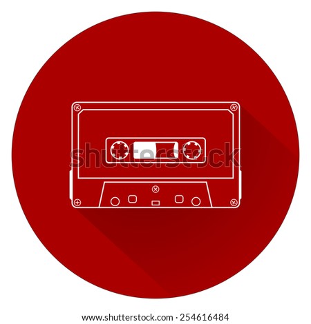 Plastic audio compact cassette tape - web icon. white outline music tape. old technology concept, retro style, flat and shadow theme design, vector art image illustration, isolated on red background