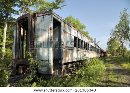 Abandoned train covered with vegetation