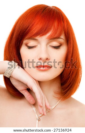 stock photo beautiful redhead woman with necklace and bracelet