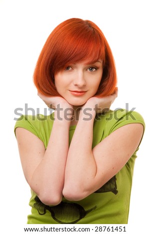 stock photo beautiful redhead girl in green tshirt