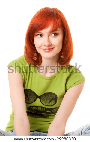 stock photo beautiful redhead girl in green tshirt