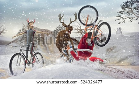 Funny Lame and Bad Santa Claus on bicycle with friends reindeer and devil krampus. Merry Christmas and Happy New Year! Saint Nicholas day. Mannequin Challenge. 3D rendering.
