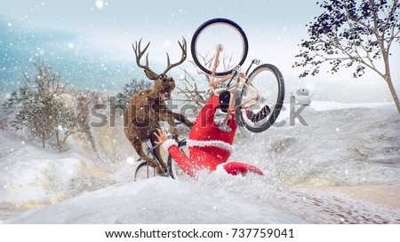 Funny Lame and Bad Santa Claus on bicycle with friend reindeer on a racing. Merry Christmas and Happy New Year. Saint Nicholas day. Mannequin Challenge. 3D rendering. Copy space Champion Cup concept.