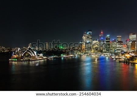 SYDNEY, AUSTRALIA April 02, 2014: Sydney\'s opera house and skyline seen from the harbour bridge at nighttime