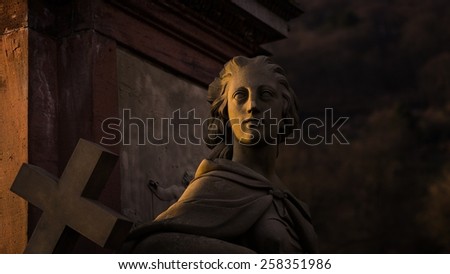 close-up of a statue partially enlightened by the setting sun