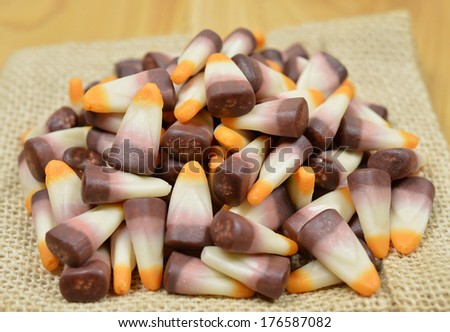 caramel teeth candies for halloween on the wooden table
