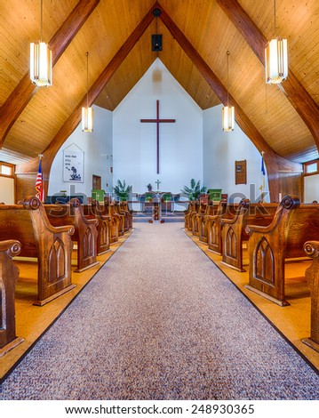 River Falls, WI - 24 January 2015:  Inside image of the Faith Lutheran Church.  Faith is part of the Wisconsin Evangelical Lutheran Synod (WELS).