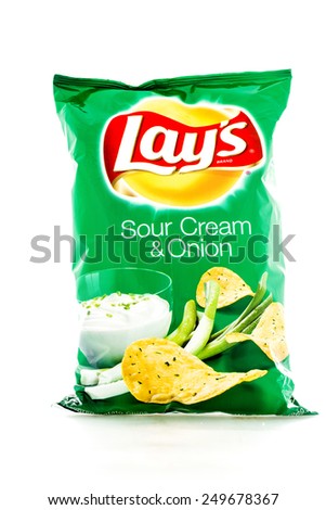 Winneconne, WI - 3 February 2015: Bag of 10 OZ Frito Lay Sour Cream & Onion potato chips. Frito-Lay is the worlds largest distributed snack food.