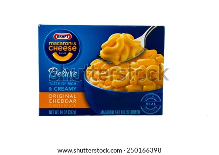 Winneconne, WI - 5  February 2015: Package of Kraft Macaroni & Cheese Deluxe meal with chedder sauce.  Kraft was founded in 1903 and is located in Northfield, IL.