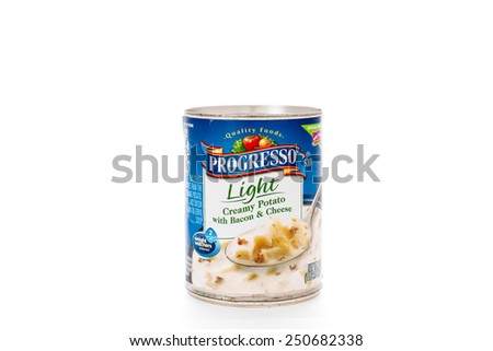Winneconne, WI - 7 February 2015:  Can of Progresso Light Creamy Potato with Bacon & Cheese soup.