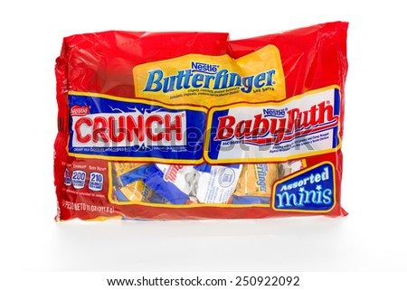 Winneconne, WI - 8 February 2015: Bag of assorted candy bars made by Nestle, Butterfinger, Crunch and Babyruth.