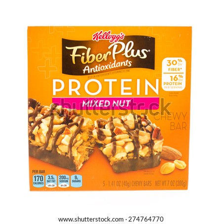 Winneconne, WI - 2 May 2015:  Box of Kellog\'s Fiber Plus protein mixed nut flavor with antioxidants,