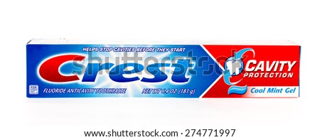 Winneconne, WI - 3 May 2015:  Package of Crest cavity protection tooth paste.
