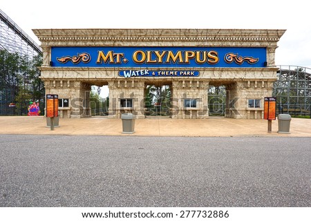 Wisconsin Dells, WI - 10 May 2015:  Buy tickets sign to Mt. Olympus water and theme park.