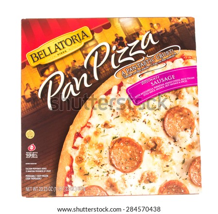 Winneconne, WI - 5 June 2015:  Box of Bellatoria pan frozen ultimate sausge pizza.