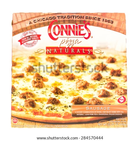 Winneconne, WI - 5 June 2015:  Box of Connie\'s frozen pizza with sausage