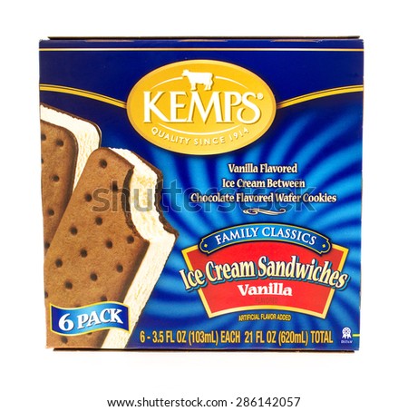Winneconni, WI - 10 June 2015:  Box of Kemps ice cream sandwiches in vanilla flavor.