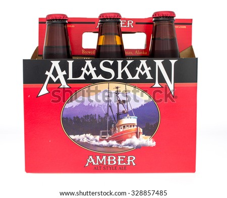Winneconne, WI -18 Oct 2015: Six pack of Alaskan Amber alt style ale.