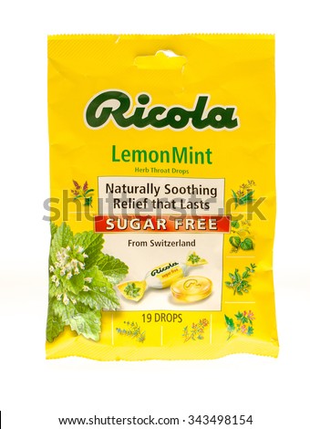 Winneconne, WI - 25 Nov 2015: Bag of Ricola herb throat drops in lemon mint flavor.