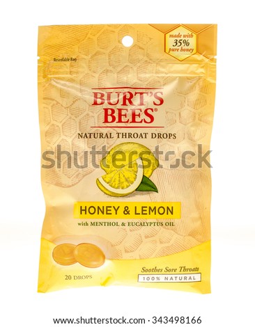 Winneconne, WI - 25 Nov 2015: Bag of Burt\'s Bee\'s throat drops in honey & lemon flavor.