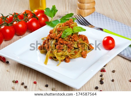 Noodles with meat sauce in a dish