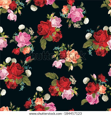 Abstract seamless floral pattern with of white, pink, red and orange roses on black background. Vector illustration.