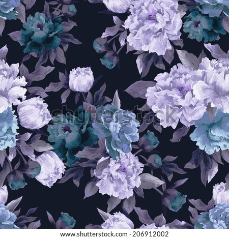 Seamless floral pattern with roses on dark background, watercolor. Vector illustration.