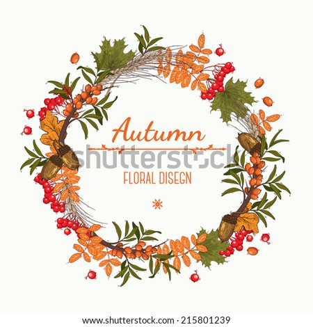 Autumn wreath of mountain ash buckthorn and acorns can be used as greeting card invitation card for wedding birthday and other holiday Vector illustration Autumn wreath of mountain ash buckthorn and acorns can be used as greeting card invitation card for wedding birthday and other holiday Vector illustration