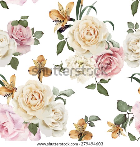 Seamless floral pattern with roses, watercolor. Vector illustration.